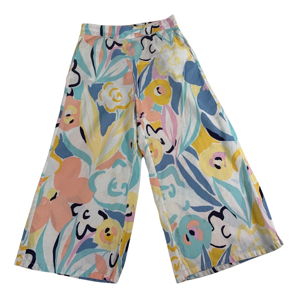 Rachael Zoe 100% Linen Floral Palazzo Pants Women L Beach Minimalist Boho Preppy